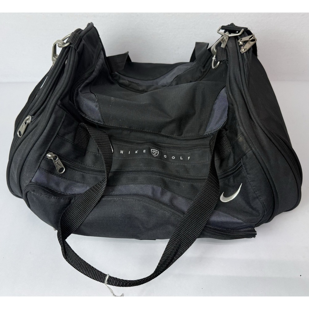 VINTAGE Nike Golf Duffle Bag Black White PGA Tour Zip Pockets Weekender Y2K